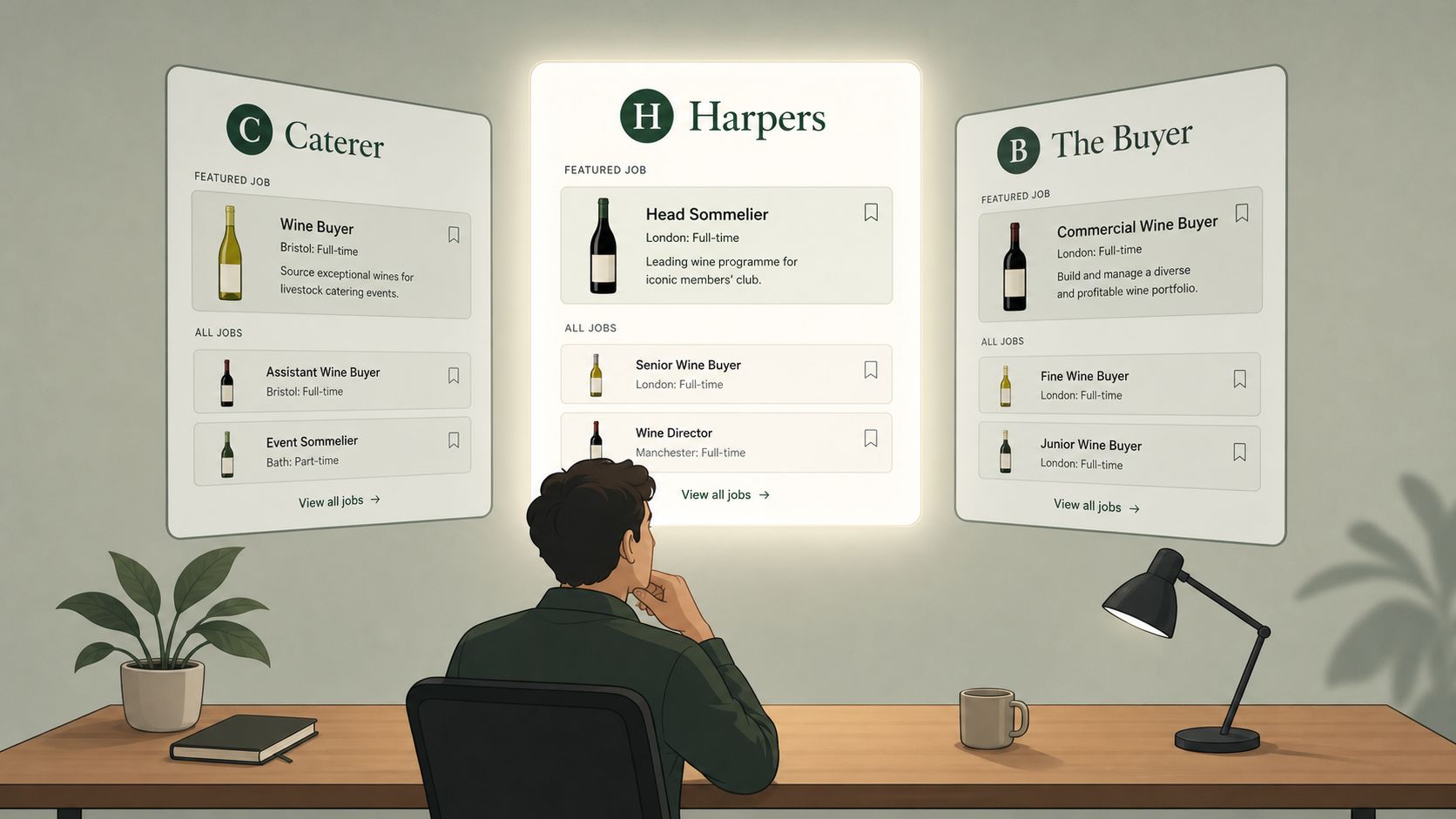 A person sitting at a desk viewing wine industry job listings displayed on glowing digital screens.