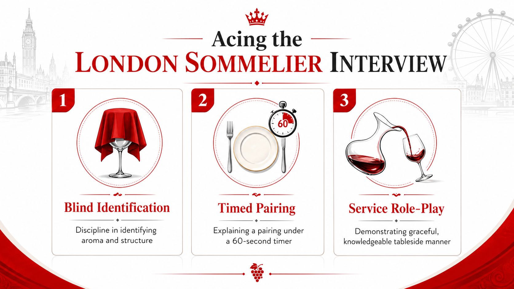 An infographic titled Acing the London Sommelier Interview, illustrating three key stages: Blind Identification, Timed Pairing, and Service Role-Play.