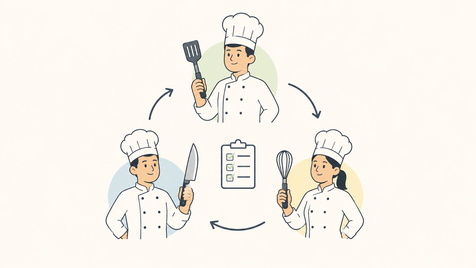 A circular diagram showing three chefs sharing a rotating checklist for kitchen staff management and efficiency.