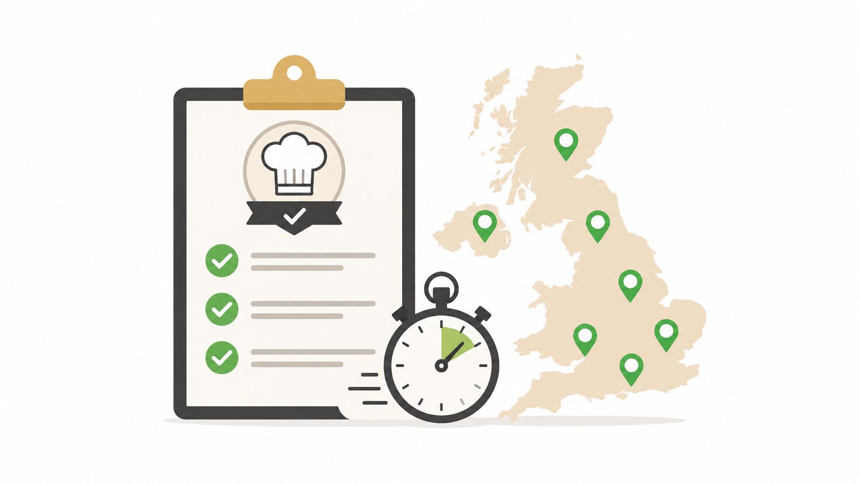 A checklist with a chef hat icon, a stopwatch, and a map of the UK with pins.