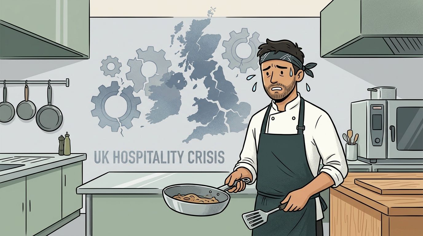 A distressed chef stands in a kitchen with a background illustration depicting a struggling UK hospitality industry.