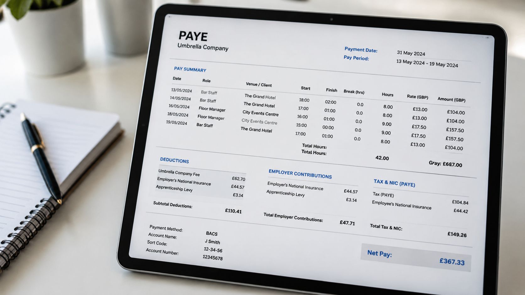 A digital payslip for a PAYE Umbrella Company displayed on a tablet screen next to a notebook.