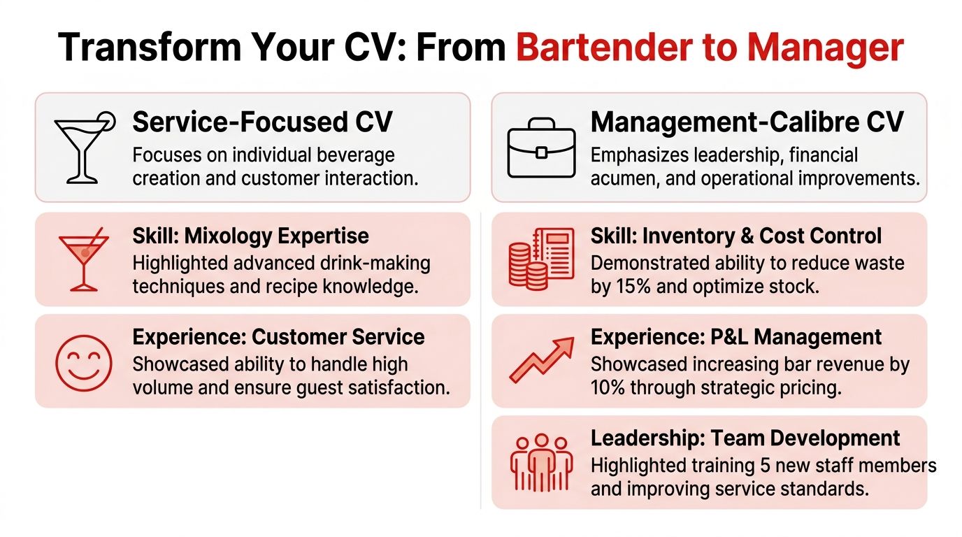 An infographic comparing service-focused bartender CV traits with management-caliber leadership and operational skills for career growth.
