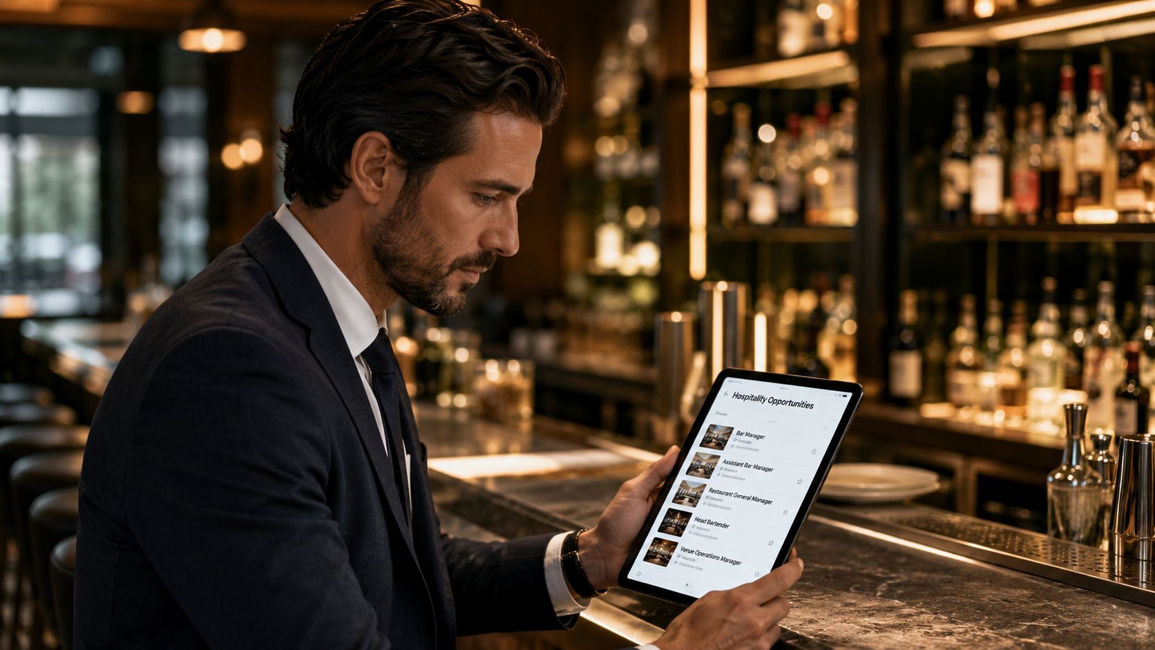 A professional man in a suit looking at hospitality job listings on a tablet at a bar.