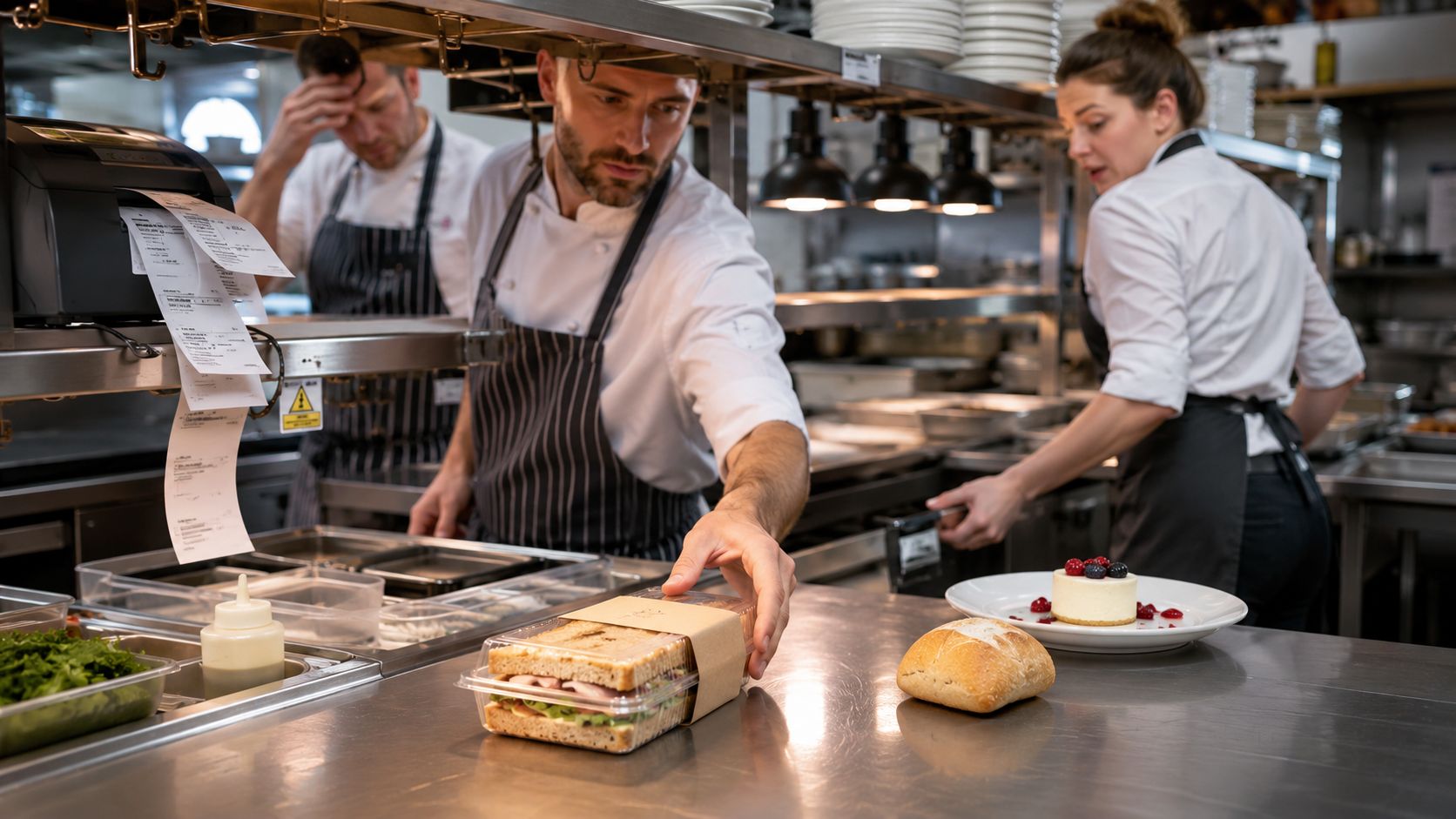 Professional chefs preparing and packaging meals in a busy commercial restaurant kitchen environment.