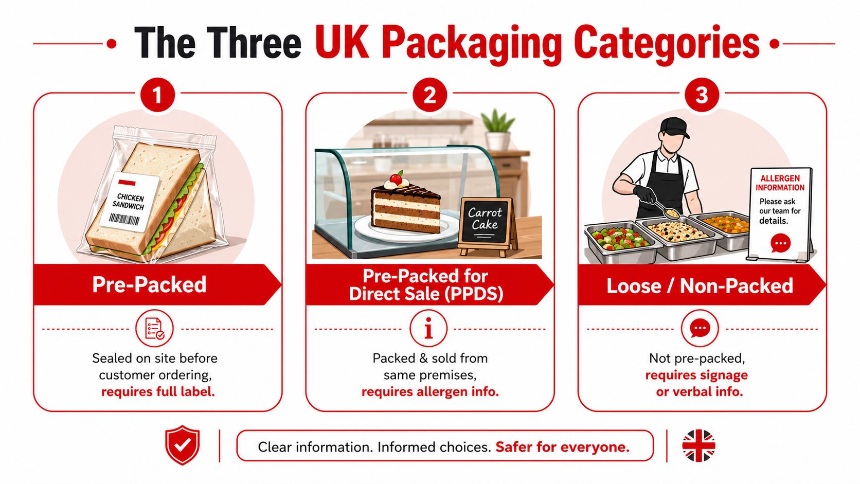 An infographic showing the three UK food packaging and labeling requirements for retail food businesses.