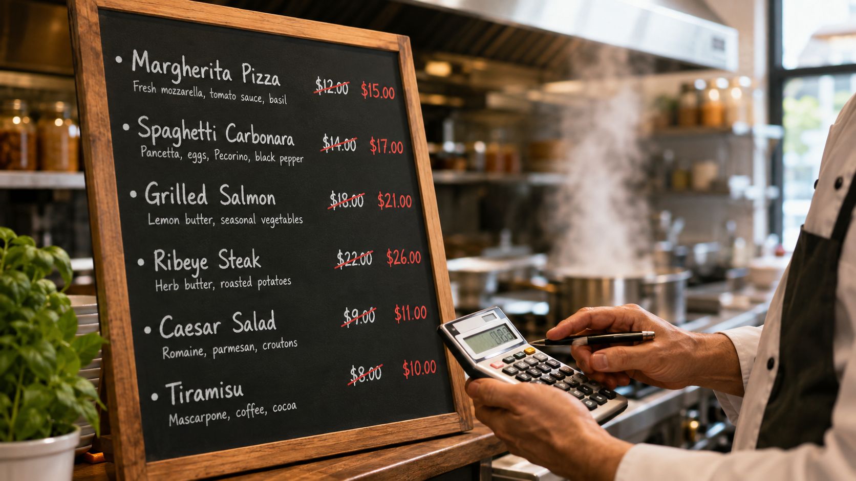 A chef in a restaurant kitchen using a calculator while standing next to a chalkboard menu with updated pricing.