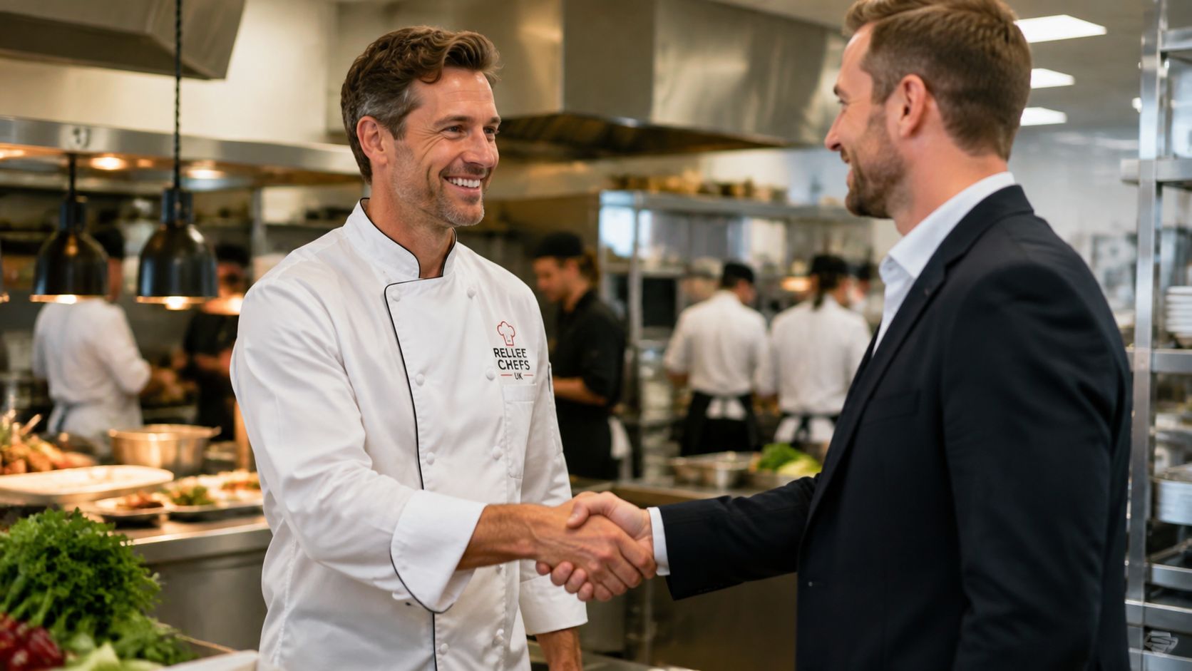 A professional chef and a businessman in a suit shaking hands in a busy commercial kitchen.