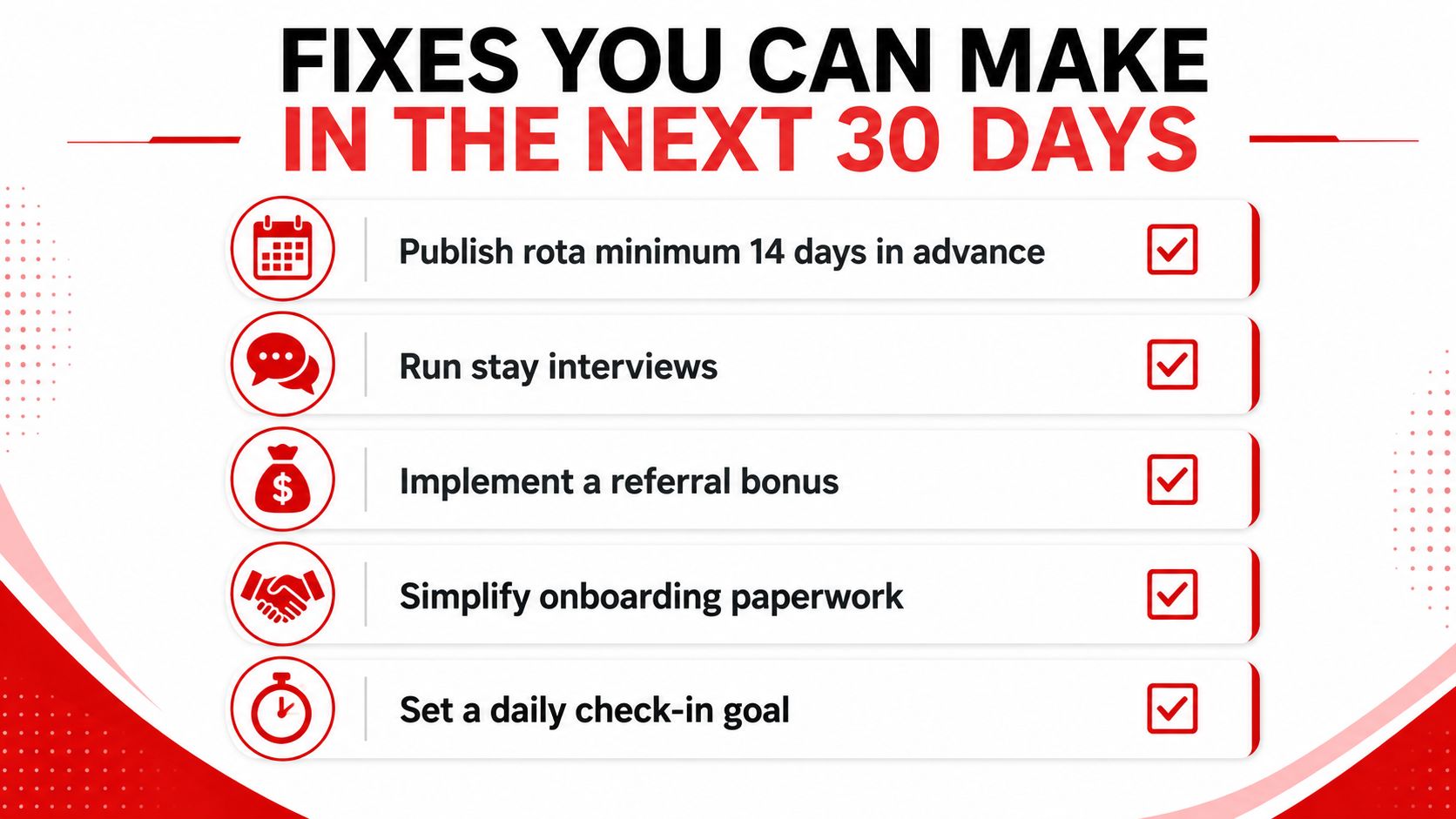 An infographic titled Fixes You Can Make In The Next 30 Days featuring five actionable HR strategies.