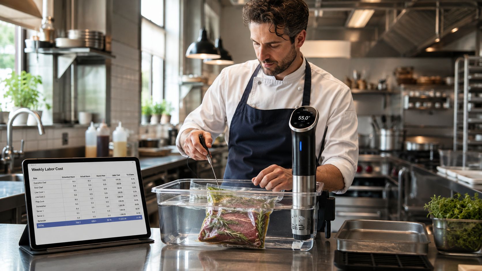 A professional chef prepares meat for sous-vide cooking while checking labor cost data on a tablet