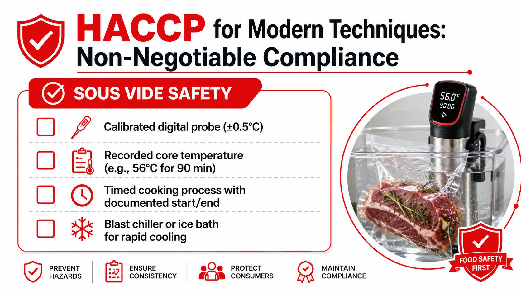 A safety compliance checklist for sous vide cooking methods highlighting temperature, timing, and cooling protocols.