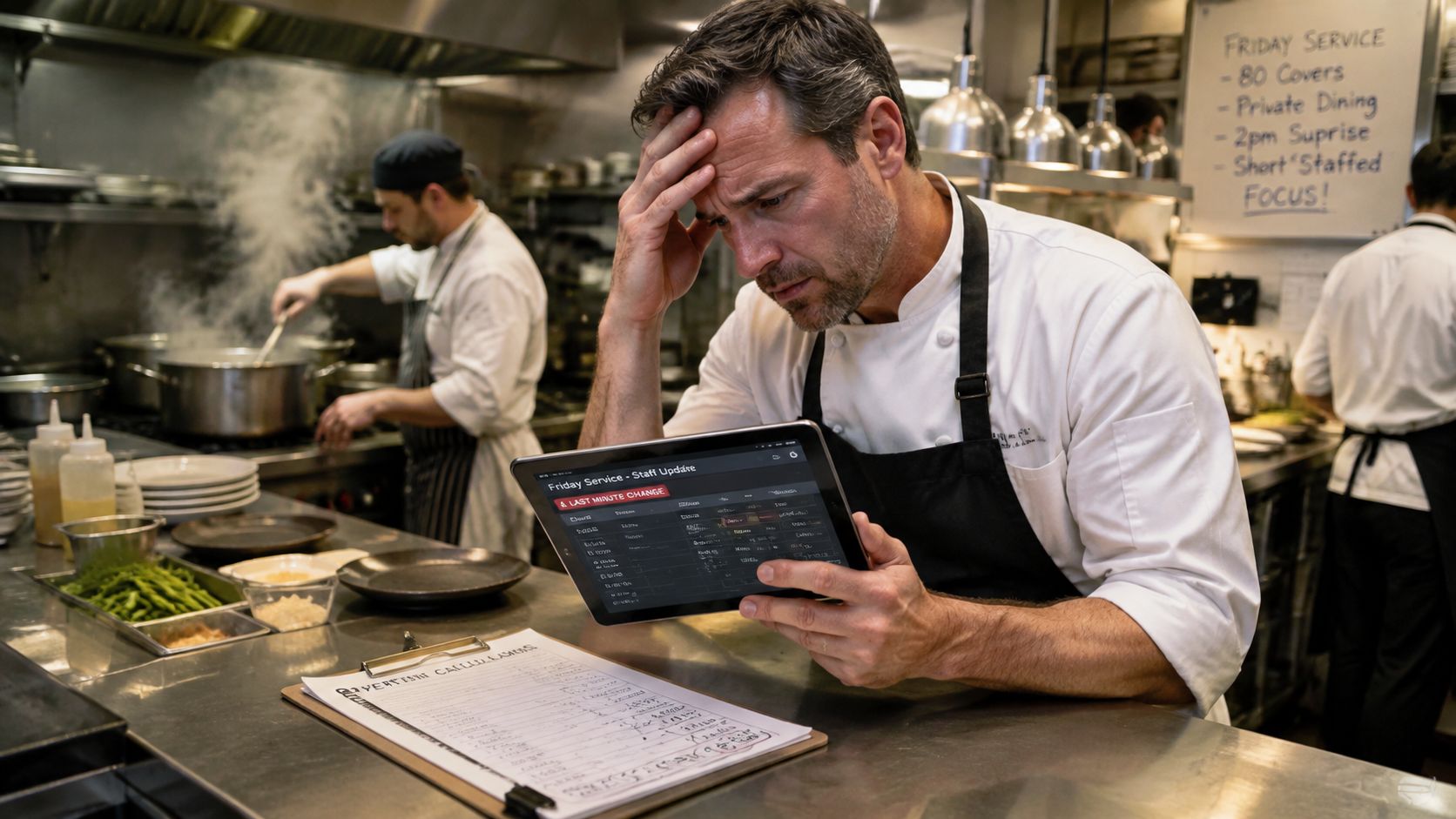 A stressed chef holding a tablet in a busy commercial kitchen while reviewing staffing shift schedules.