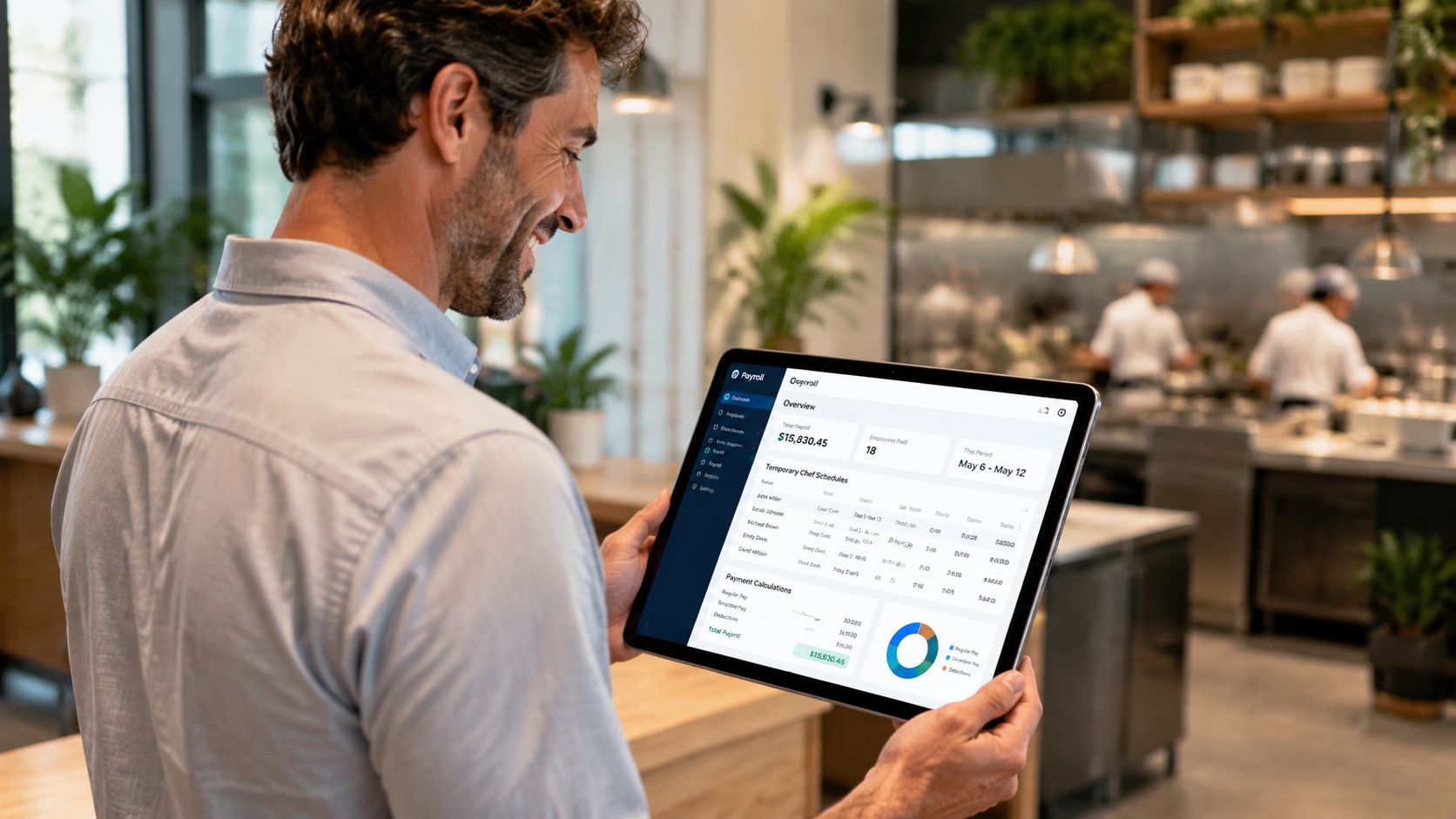 A man in a professional kitchen uses a tablet to review digital payroll management services and schedules.