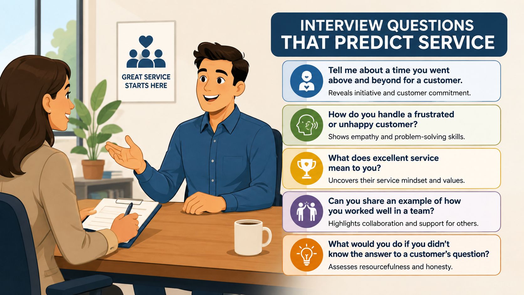 A recruiter interviewing a candidate at a table with a list of key customer service interview questions.
