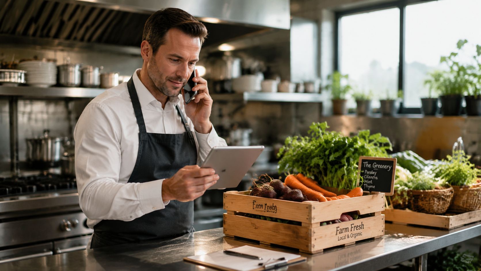 A professional chef in an apron checking produce and using a tablet in a commercial kitchen.