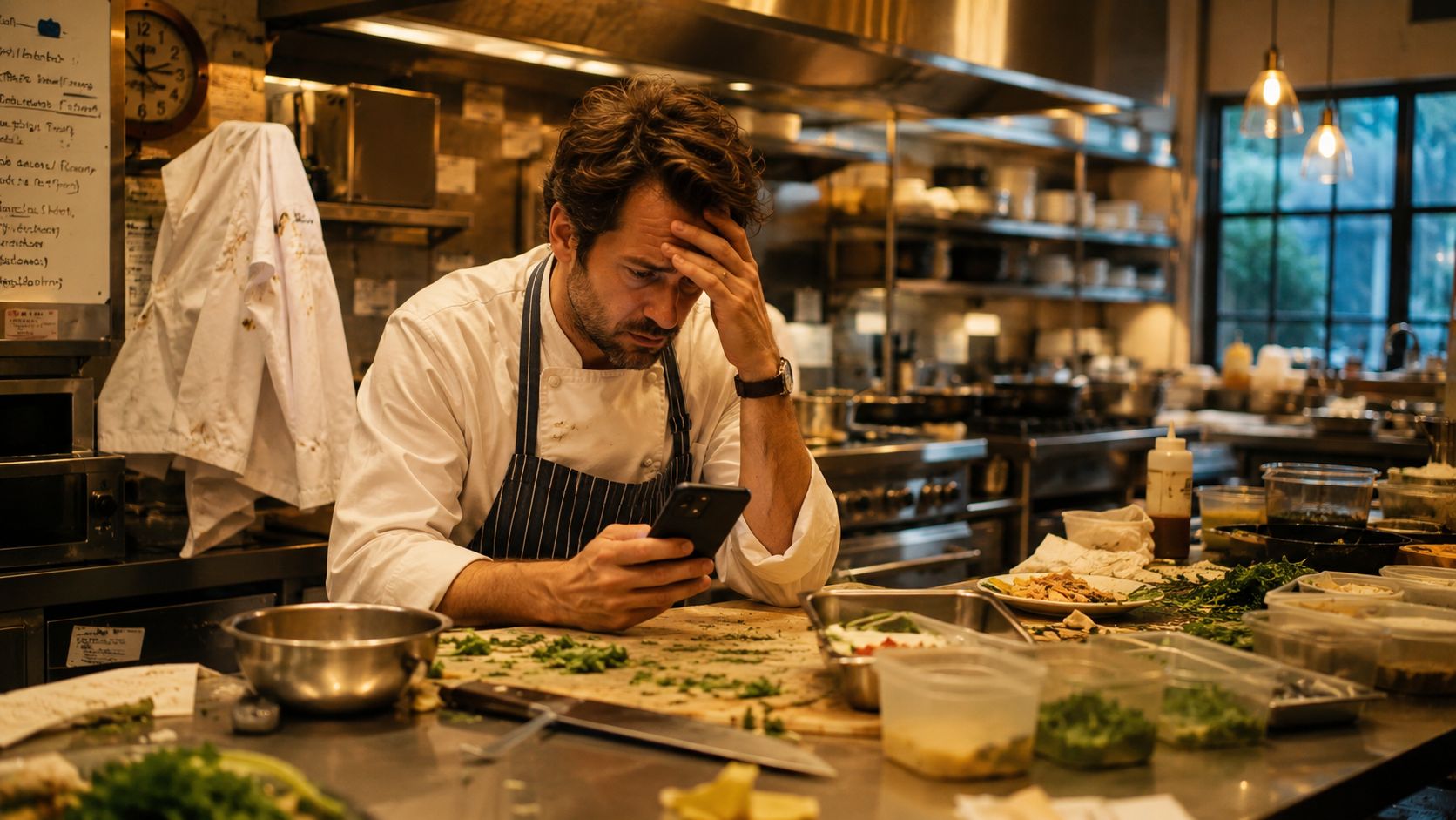 A stressed chef in a professional kitchen checking his smartphone while looking overwhelmed at his workstation.