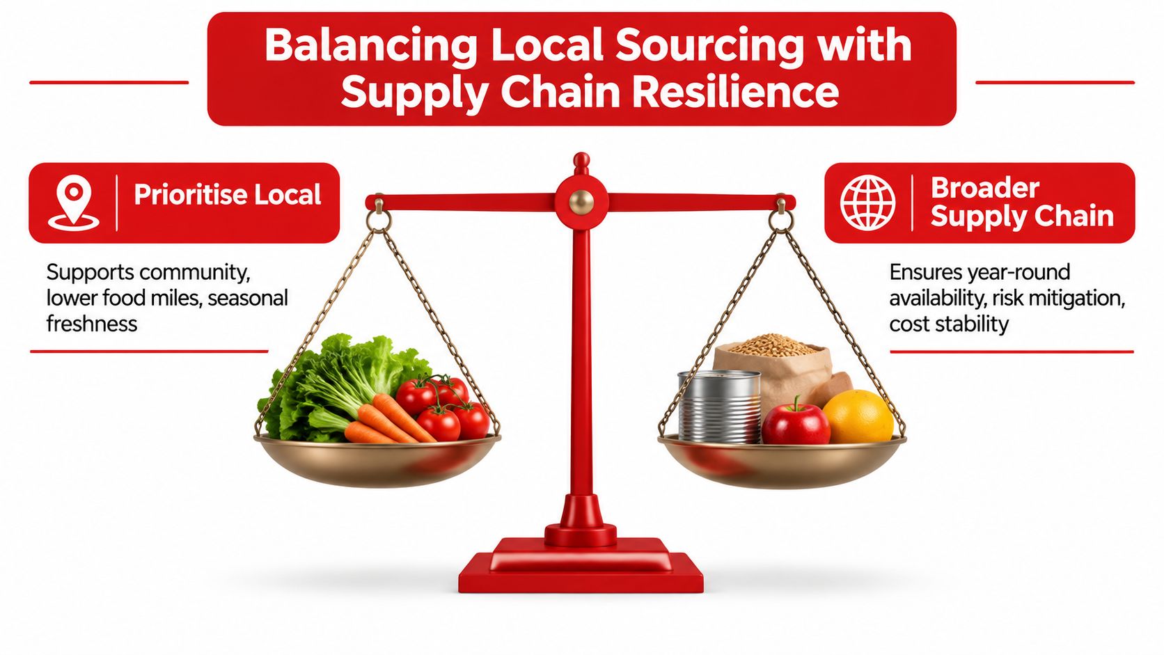A scale balancing fresh local vegetables on one side with global supply chain products on the other side.