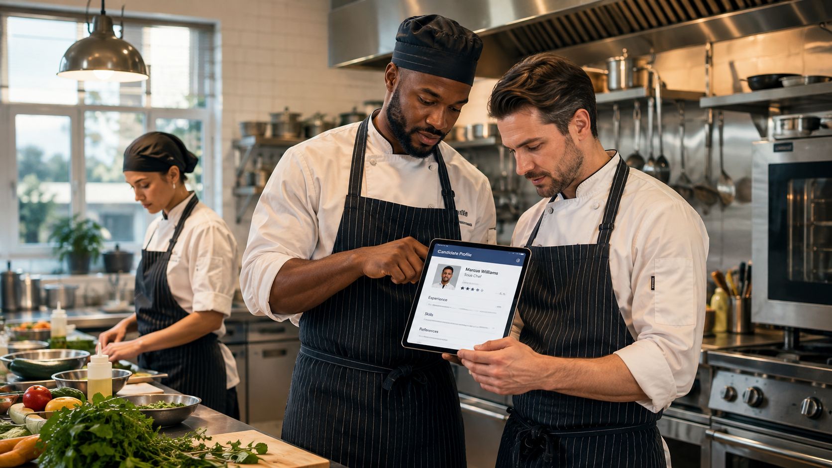 Two professional chefs in a commercial kitchen reviewing a digital candidate profile on a tablet computer.