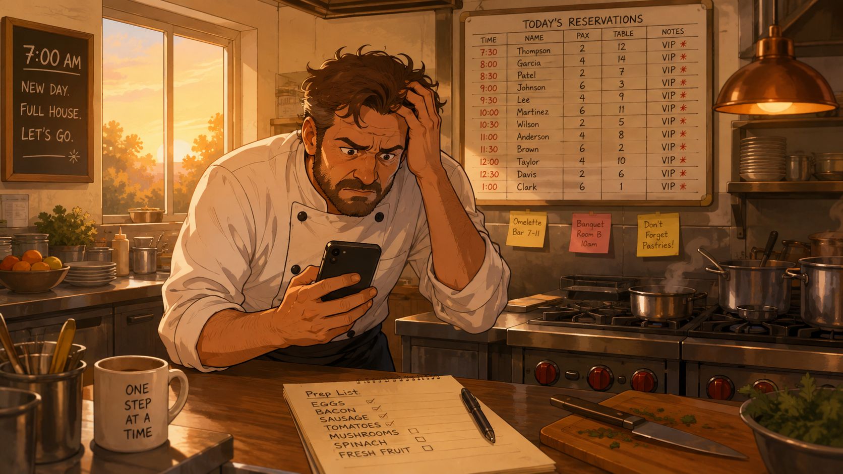 A stressed chef looking at his phone in a busy kitchen with a prep list and reservations.