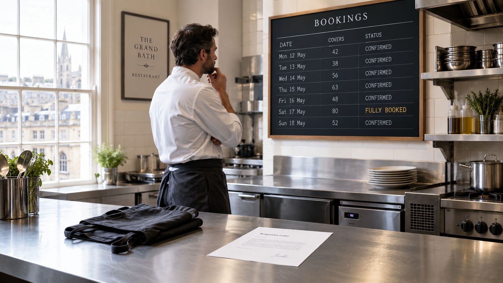 A thoughtful chef in a professional kitchen looks at a booking schedule displayed on a wall chalkboard.