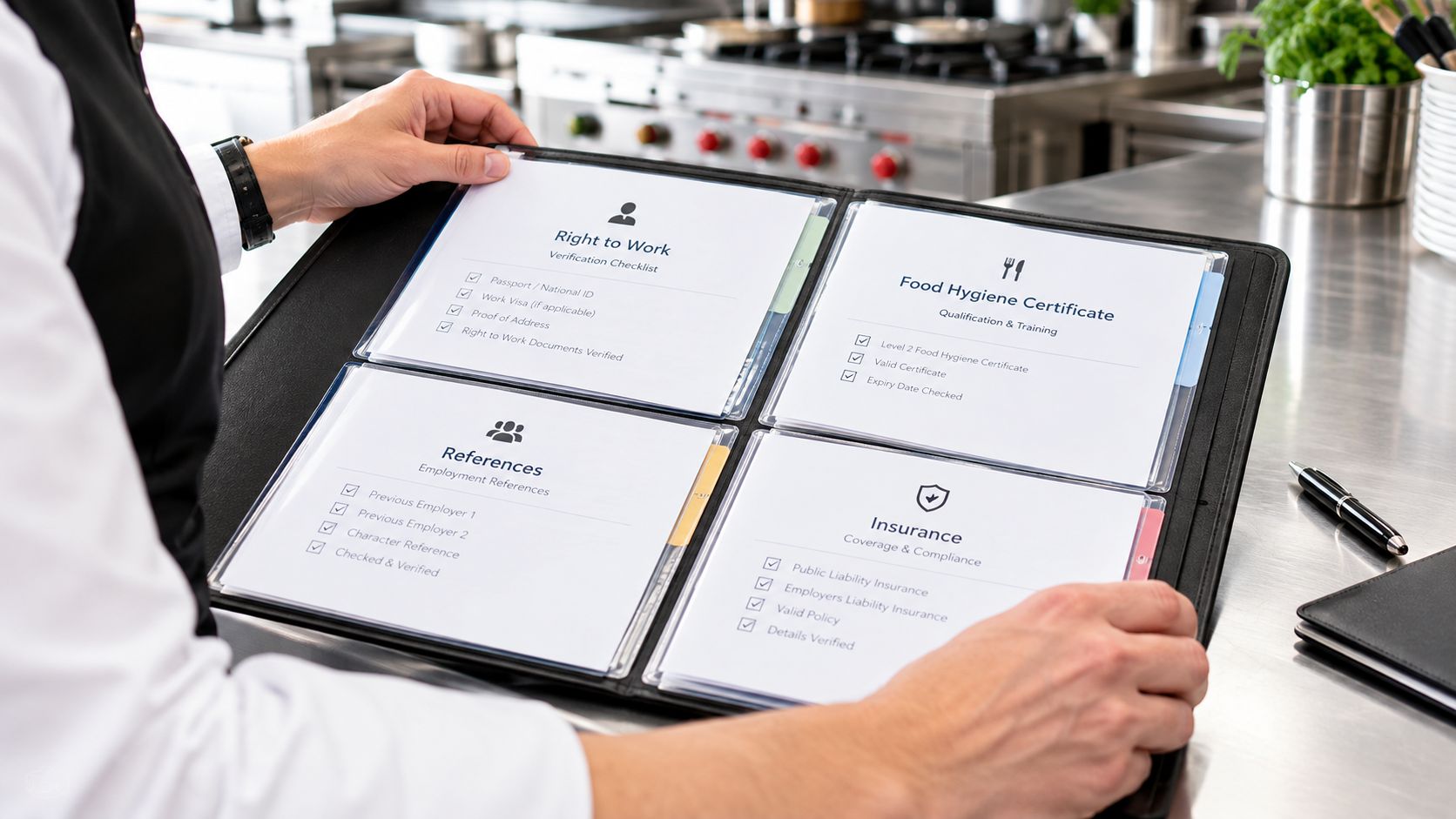 A chef holding a binder containing a checklist for restaurant staff hiring and employment verification documentation.