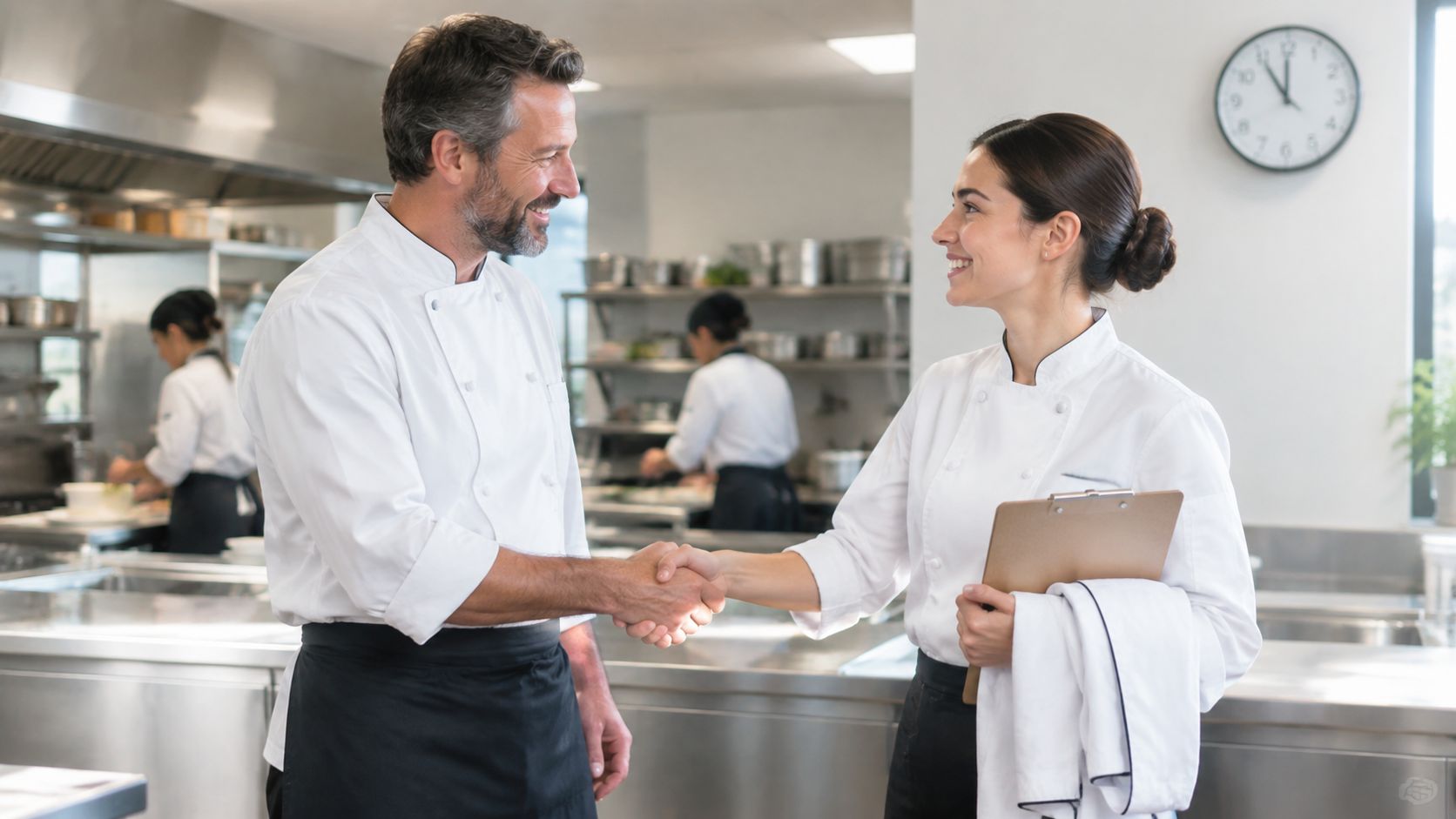 A professional male chef and a female chef shaking hands inside a commercial kitchen, showcasing team collaboration.