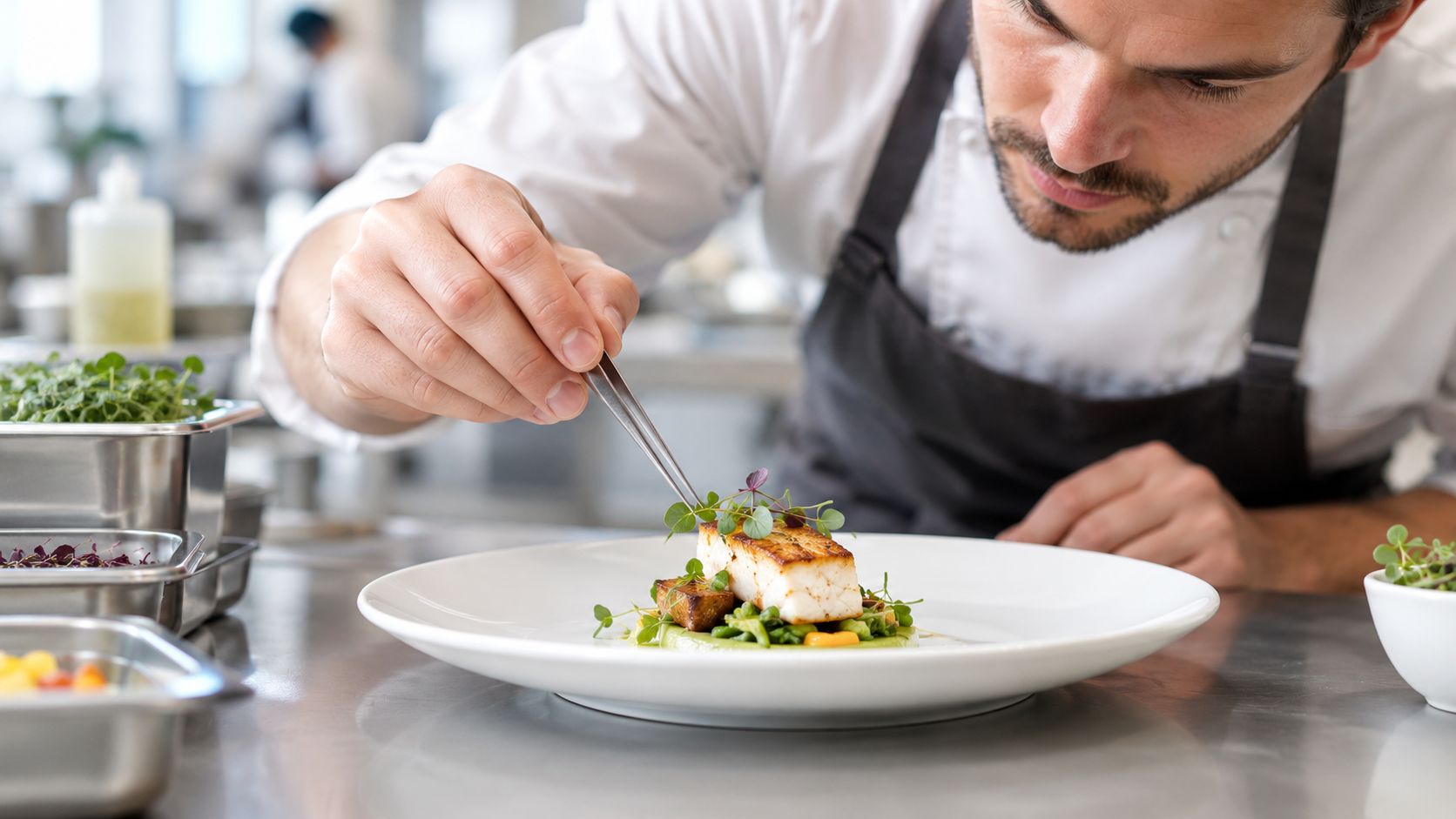 A professional chef meticulously plates a gourmet fish dish with herbs using precision tweezers in a kitchen.