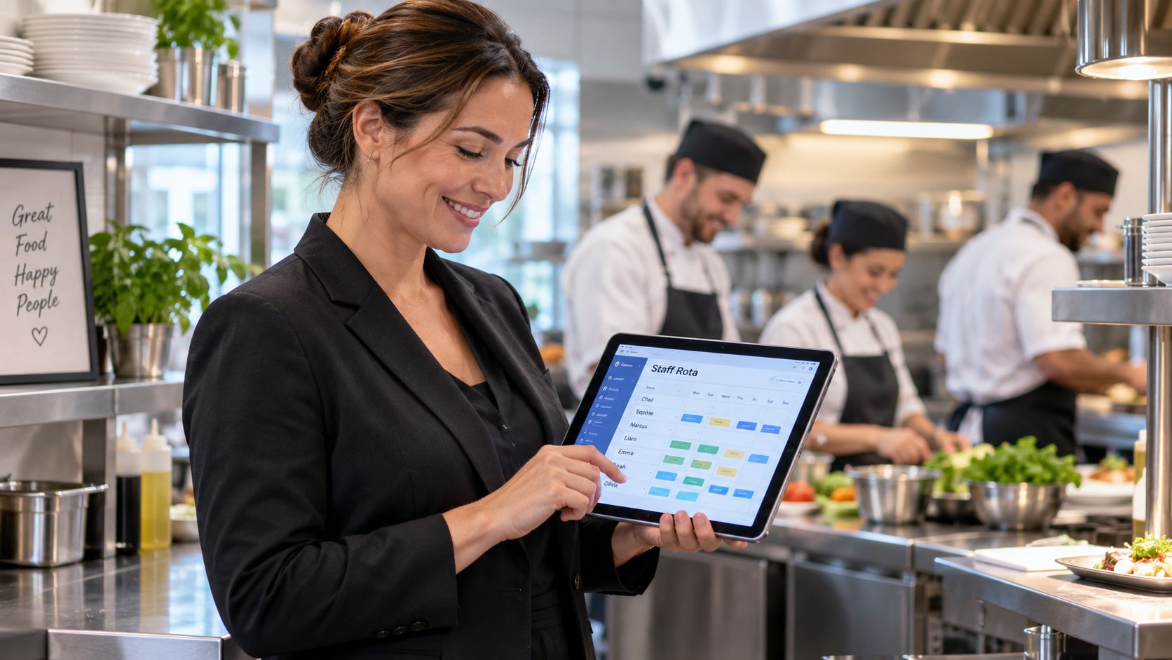 A professional manager checking a digital staff roster on a tablet in a busy commercial kitchen.