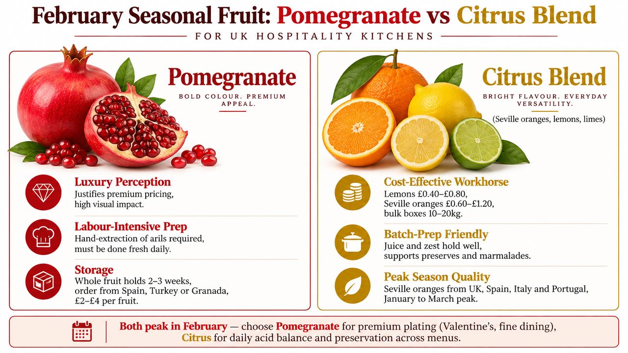 A comparison infographic detailing the benefits and usage of seasonal pomegranate and citrus fruits for hospitality.