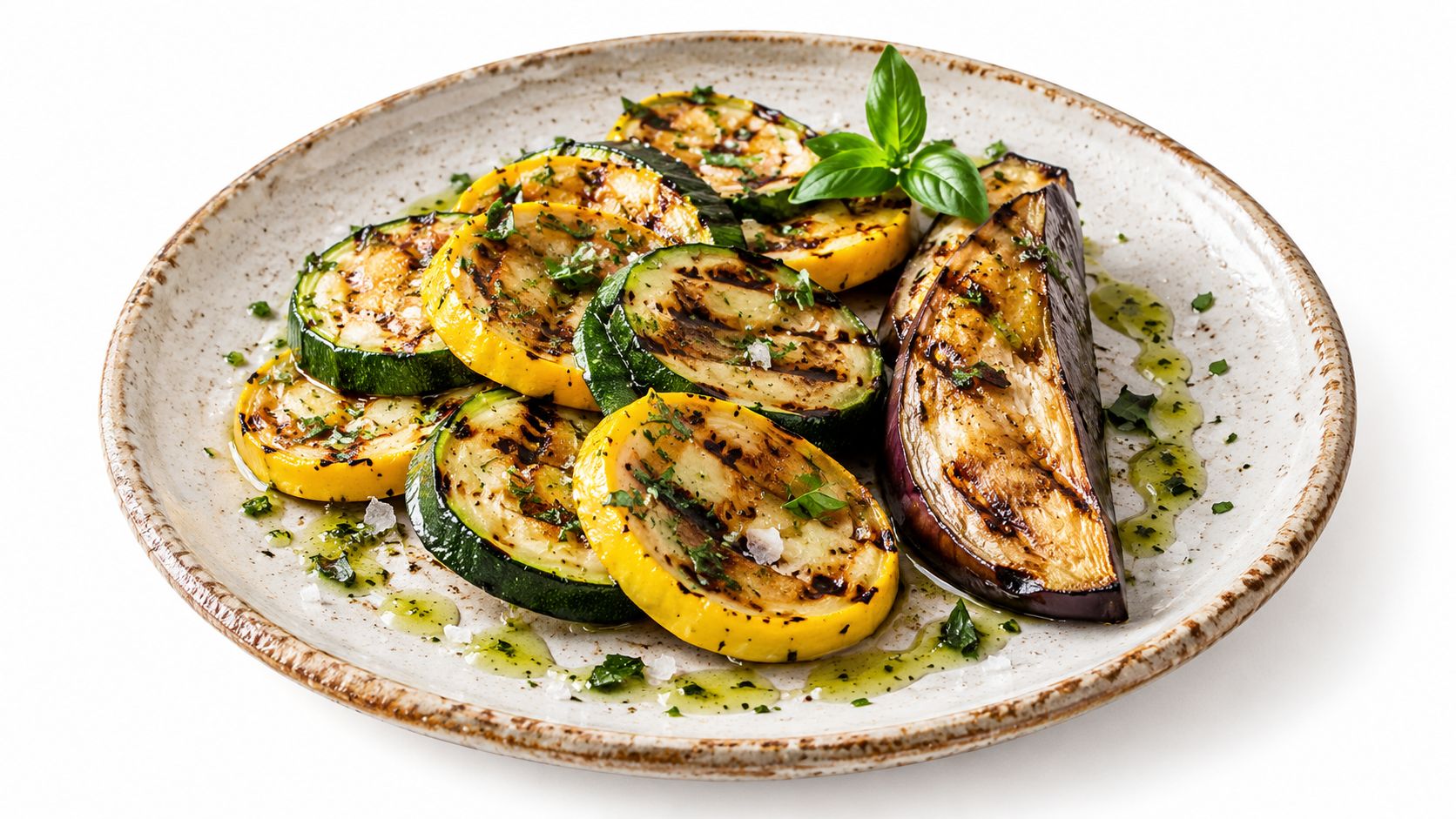 A plate of delicious grilled zucchini, yellow squash, and eggplant slices with fresh herbs and olive oil.