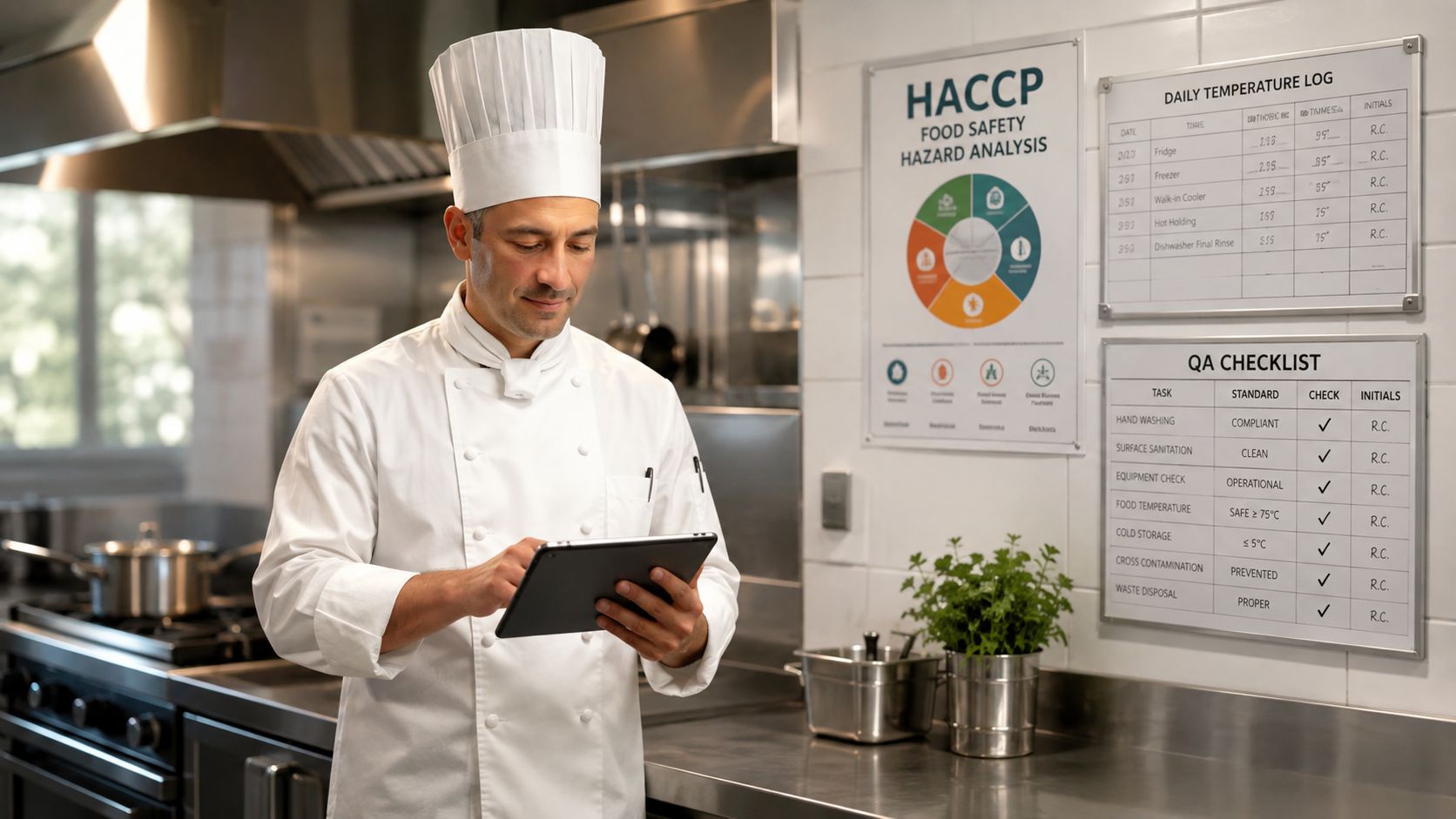A professional chef in uniform uses a digital tablet in a modern restaurant kitchen for inspection.
