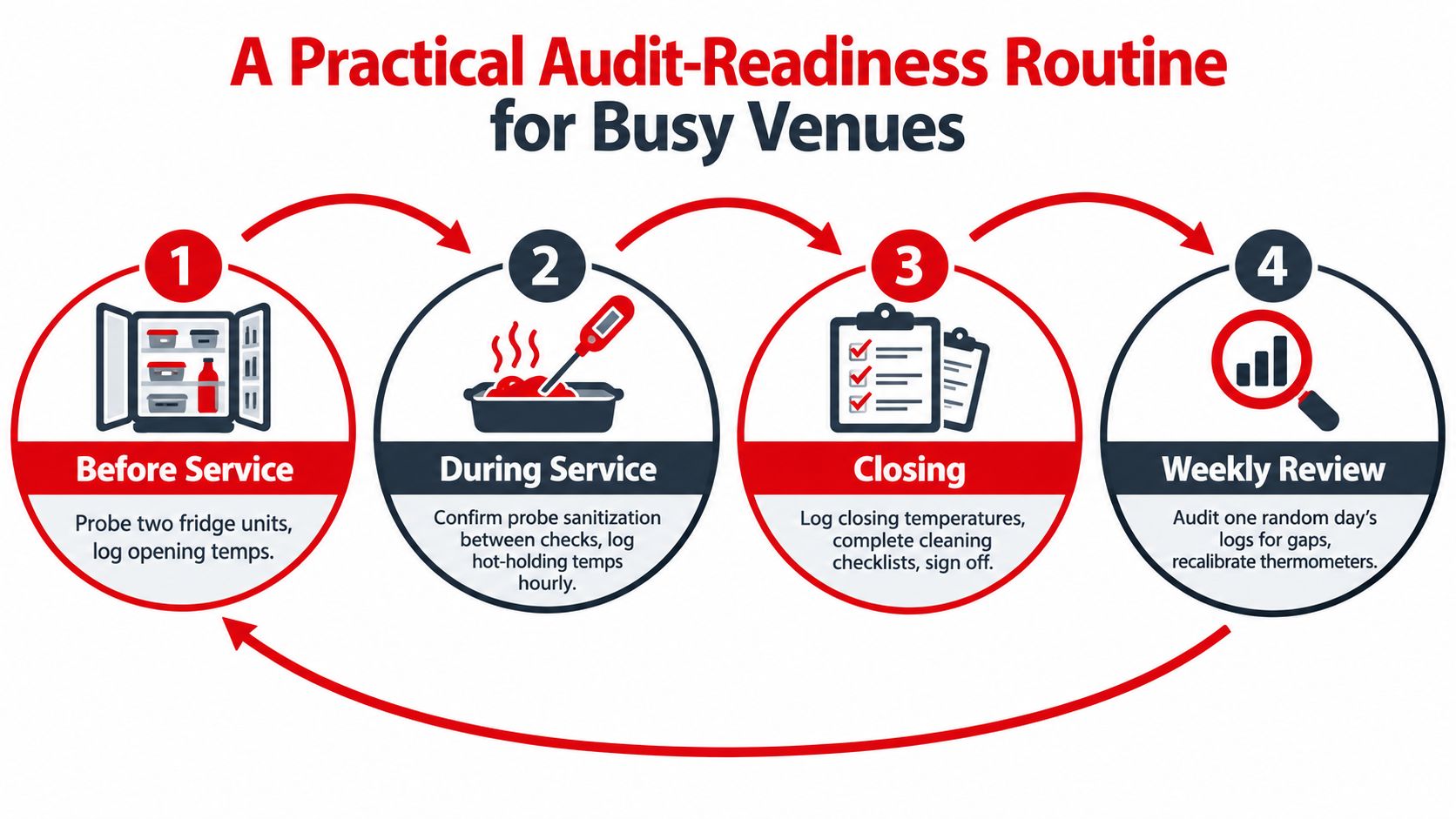 A four-step infographic illustrating a practical daily and weekly audit-readiness routine for restaurant kitchen safety management.