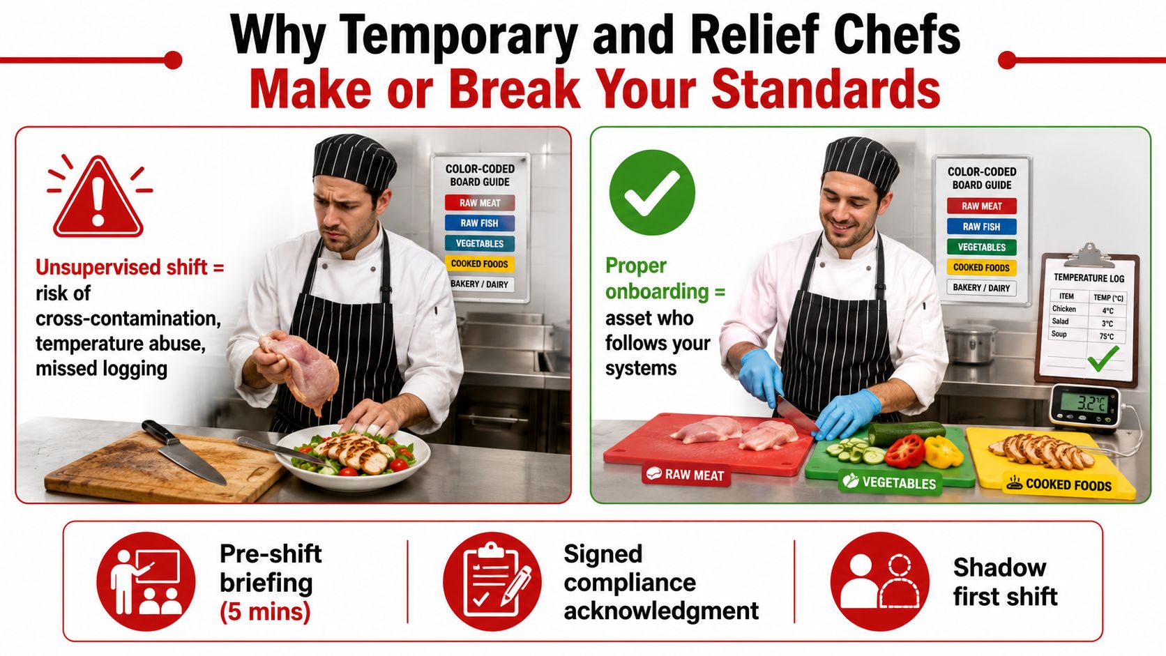 Infographic comparing unsafe food handling practices with proper onboarding for temporary and relief chefs in kitchens.