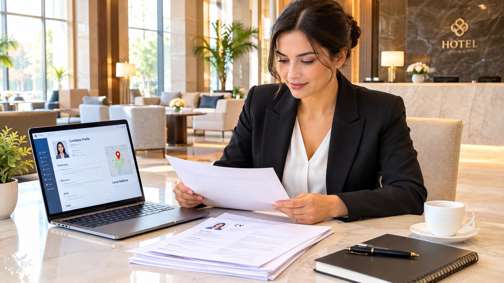 A professional woman in a suit reviewing resumes and candidate profiles in a bright, modern hotel lobby.