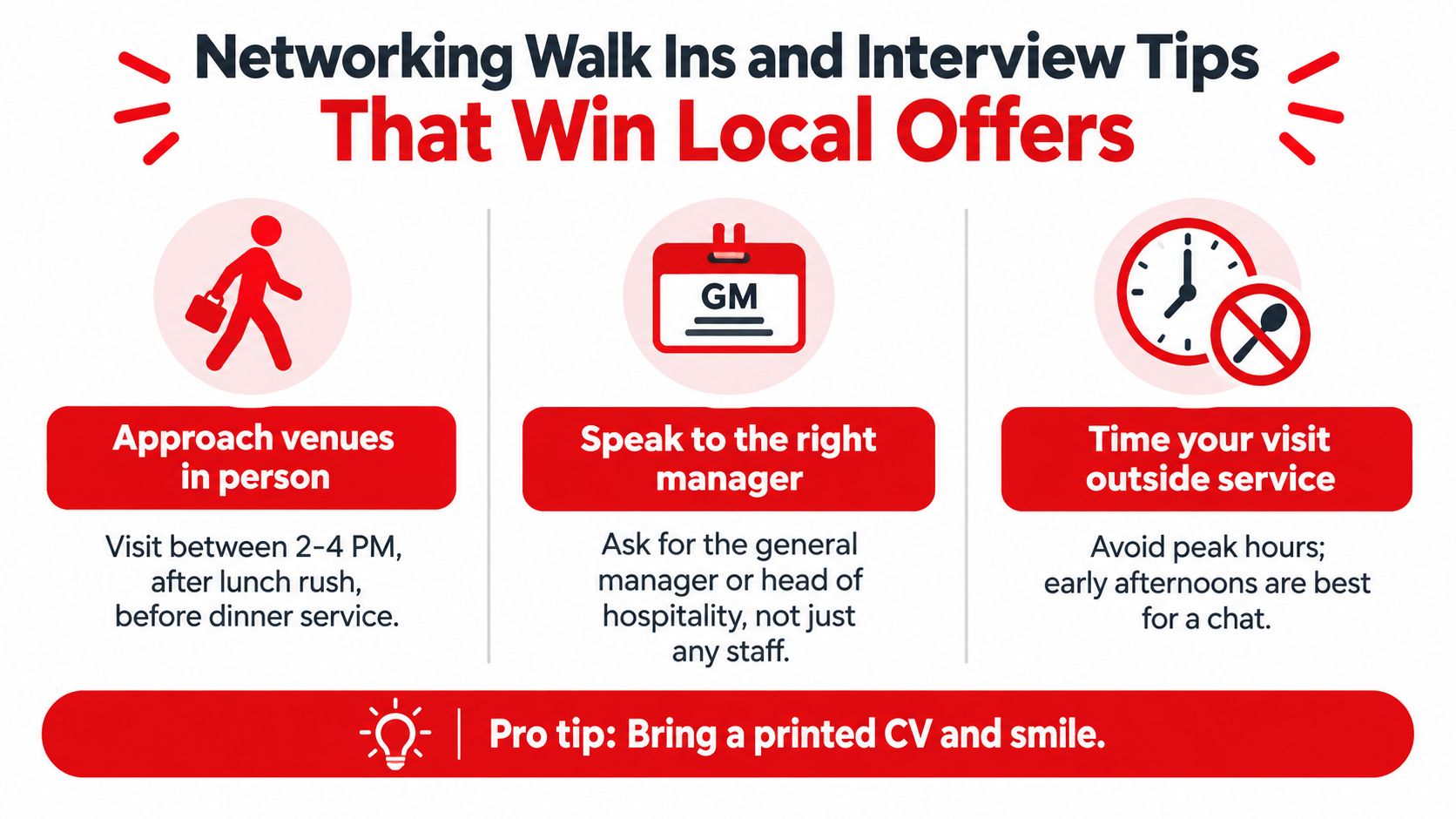 A professional infographic with tips for walking into hospitality venues to secure local job offers.