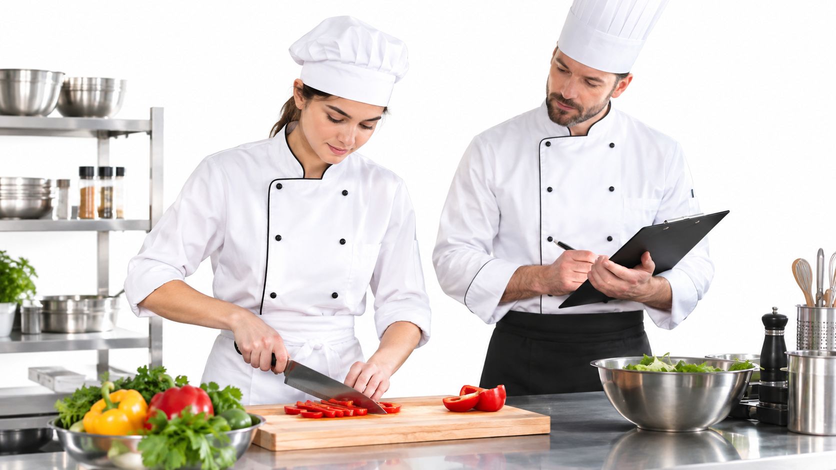 A professional chef observes a student trainee chopping red peppers in a commercial kitchen setting.