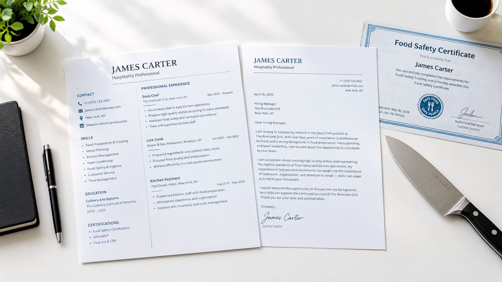 A professional resume and cover letter with a food safety certificate and kitchen knife on a desk.