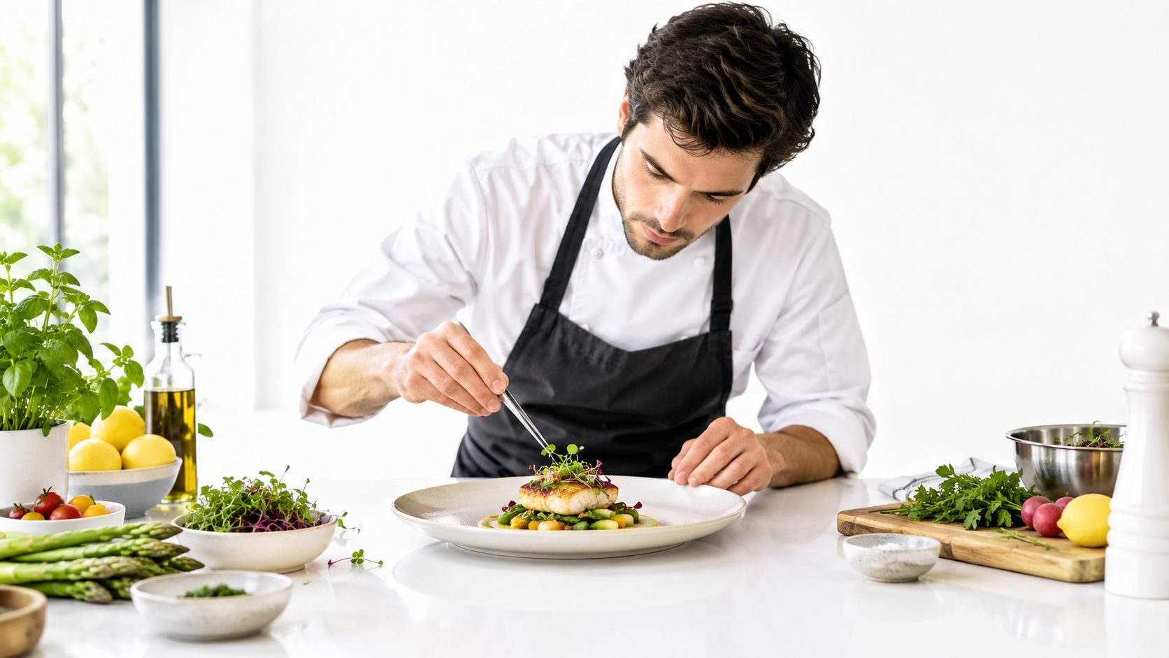 A professional private chef meticulously garnishes a gourmet plated meal using precision culinary tweezers in a kitchen.