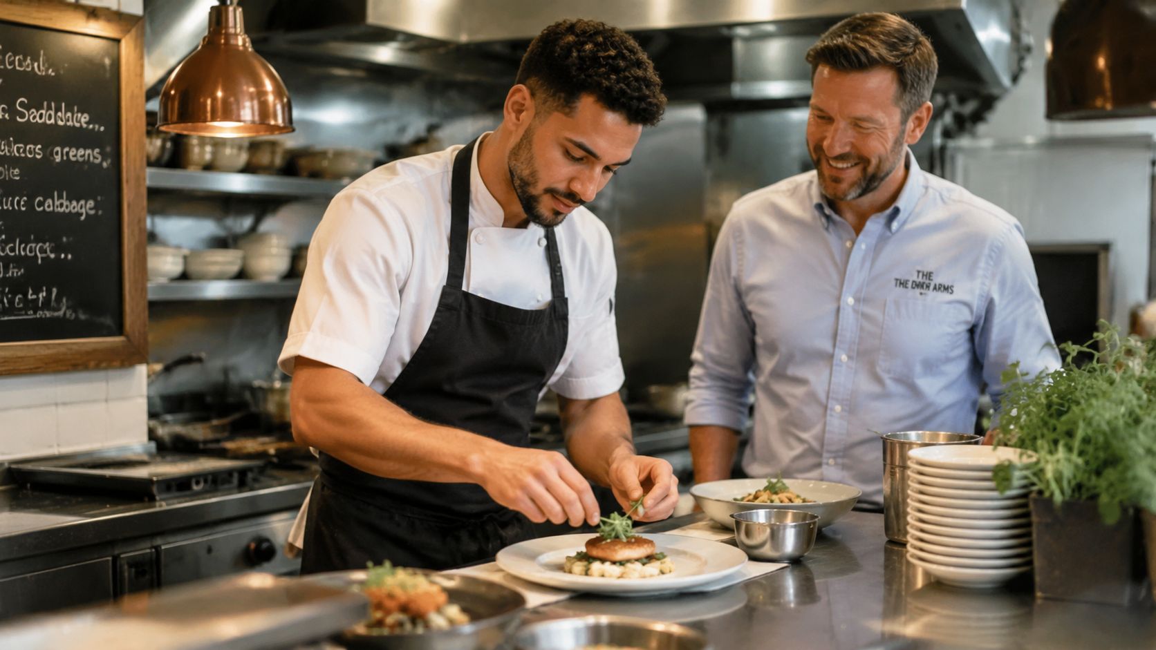 A professional chef plating a dish in a restaurant kitchen with a colleague looking on approvingly.