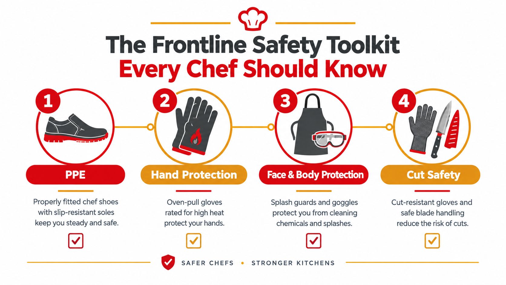 An infographic titled The Frontline Safety Toolkit showing four essential safety rules for professional chefs in kitchens.