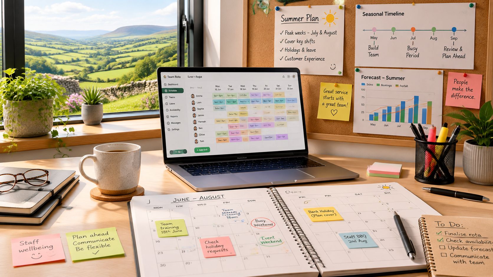 A clean desk workspace with a laptop showing a staff schedule, calendar, and notes for seasonal planning.