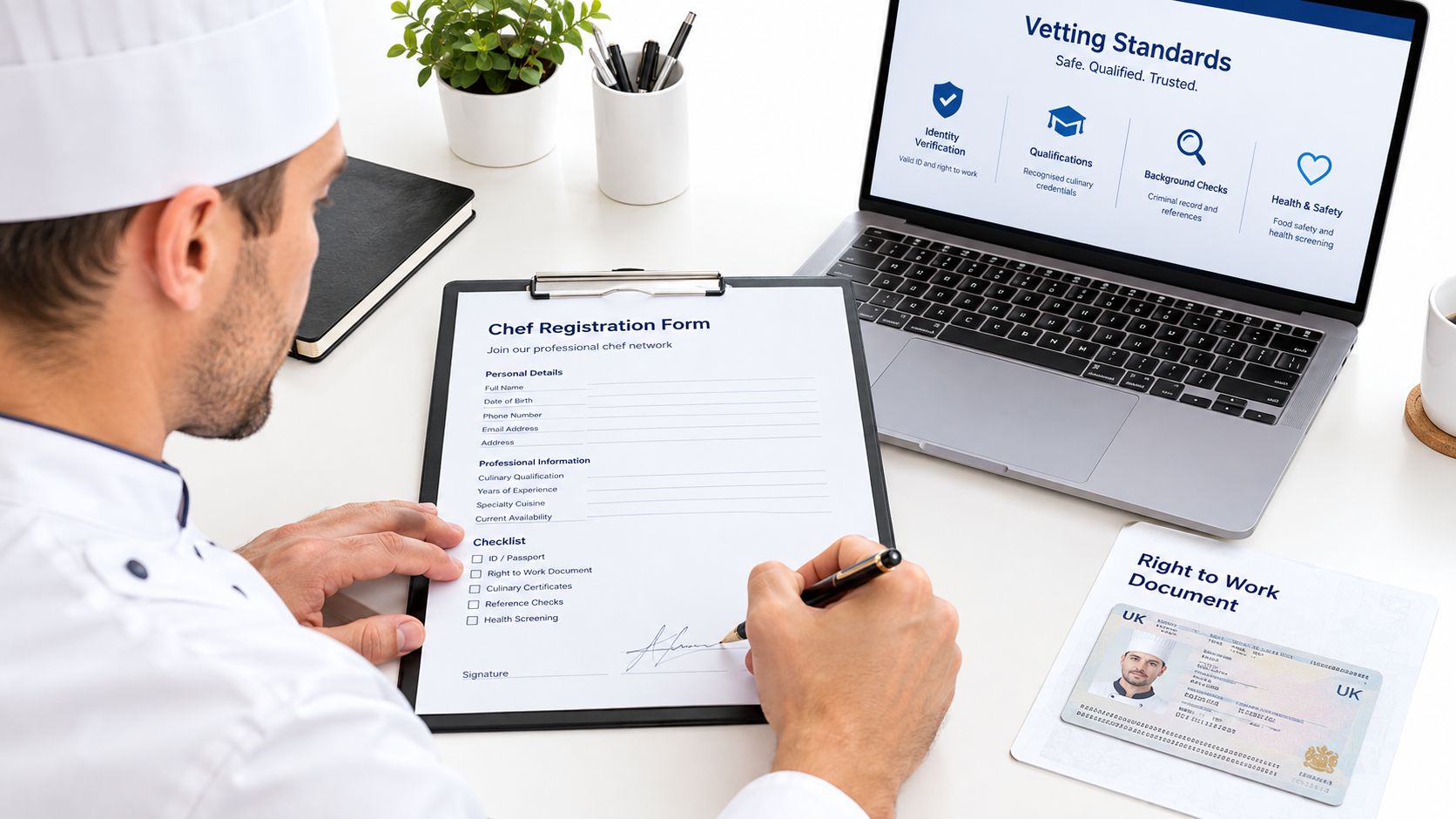 A professional chef fills out a registration form beside a laptop displaying recruitment vetting standards.