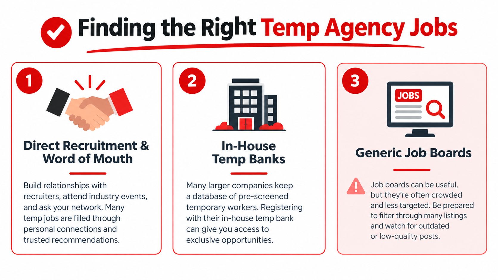 A helpful infographic showing three effective strategies for finding the right temporary agency jobs.