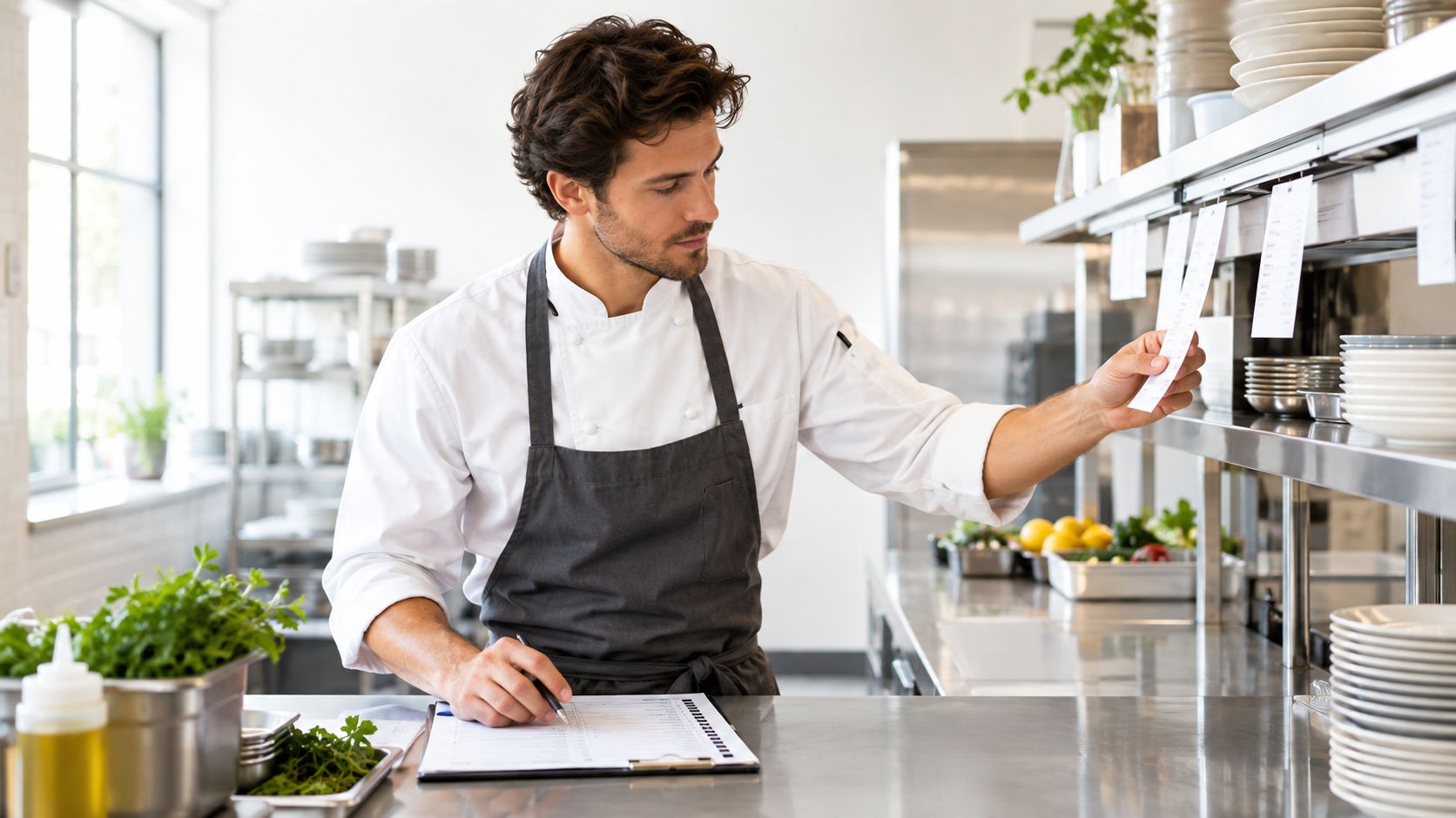 A professional chef standing in a modern kitchen while reviewing and writing on a restaurant order list.