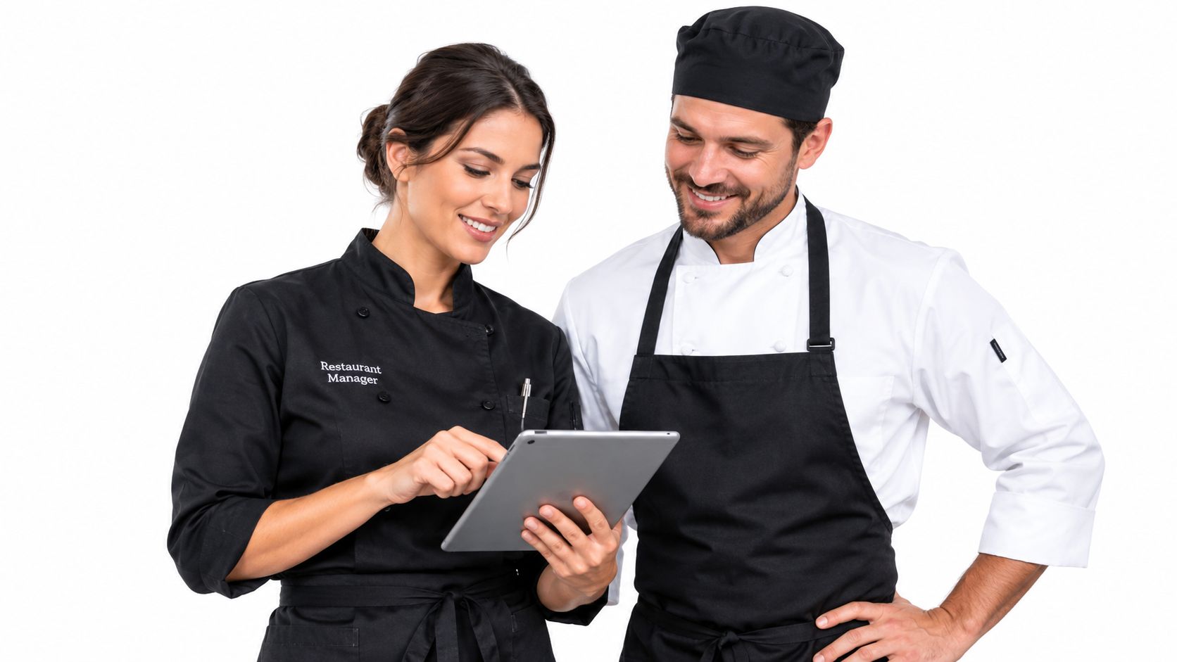 A restaurant manager and a chef looking at a digital tablet together on a white background