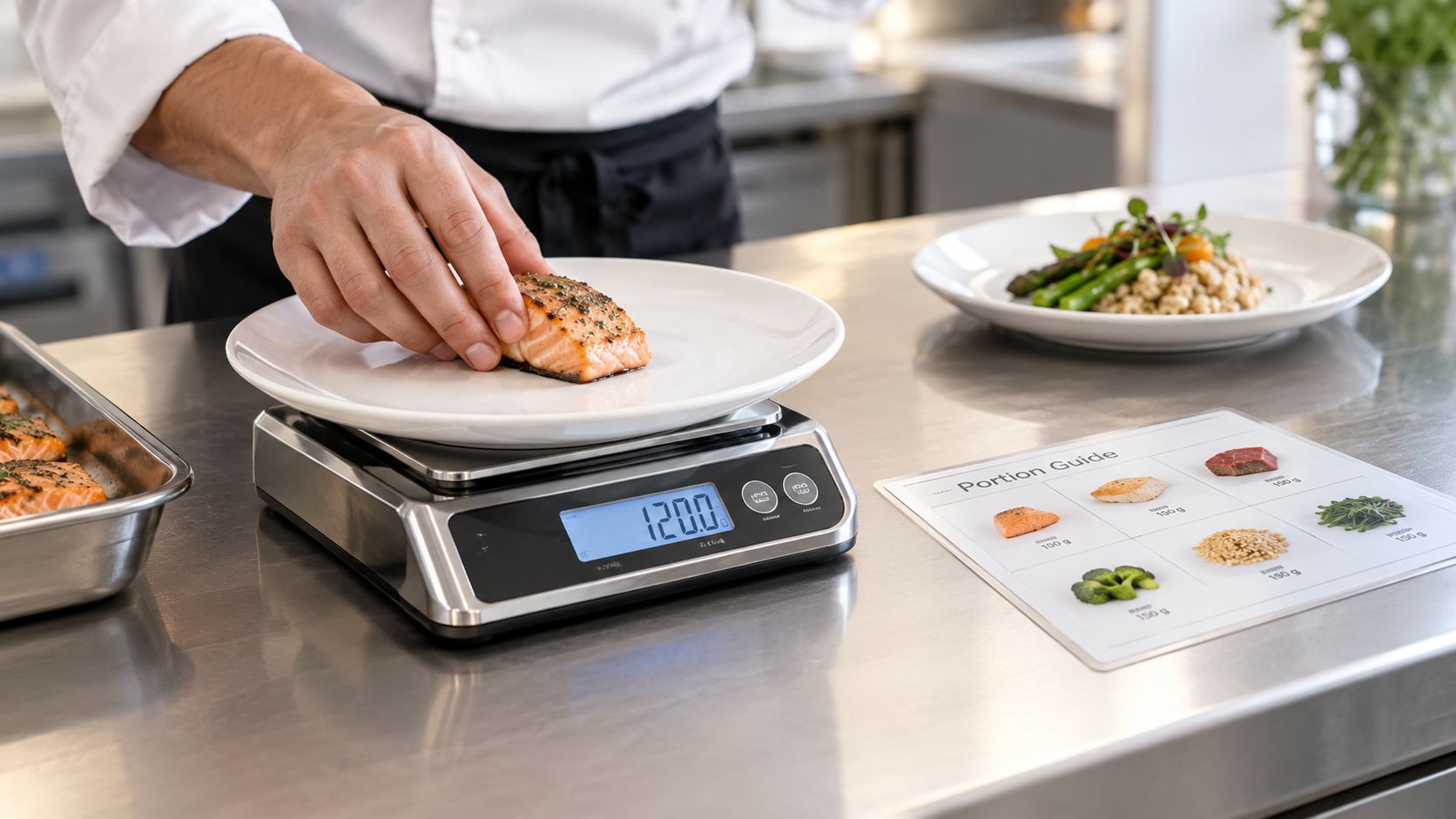 A chef precisely weighs a piece of salmon on a digital kitchen scale in a professional restaurant kitchen.