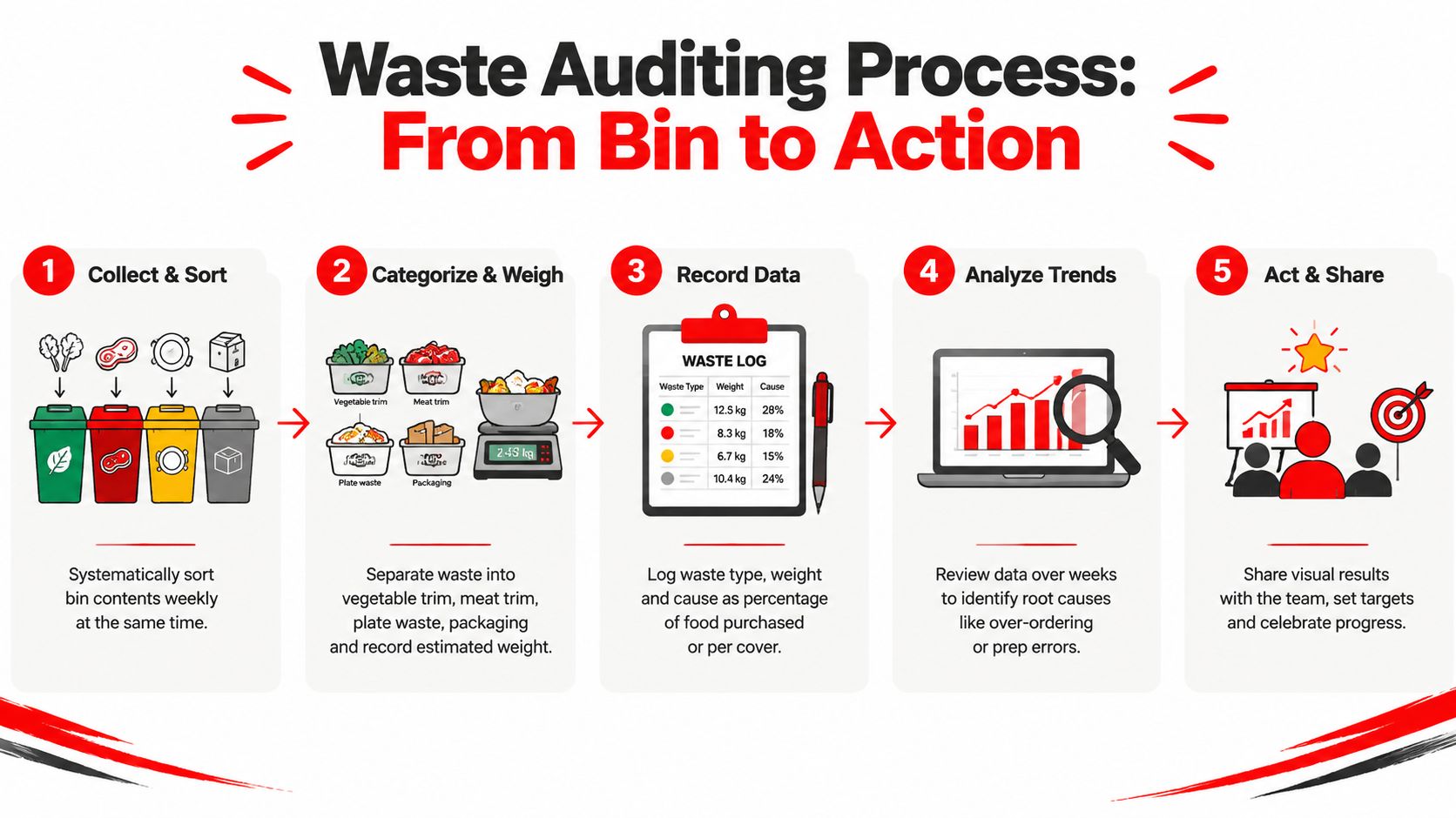 A five-step infographic illustrating a restaurant waste auditing process from collecting waste to taking action.