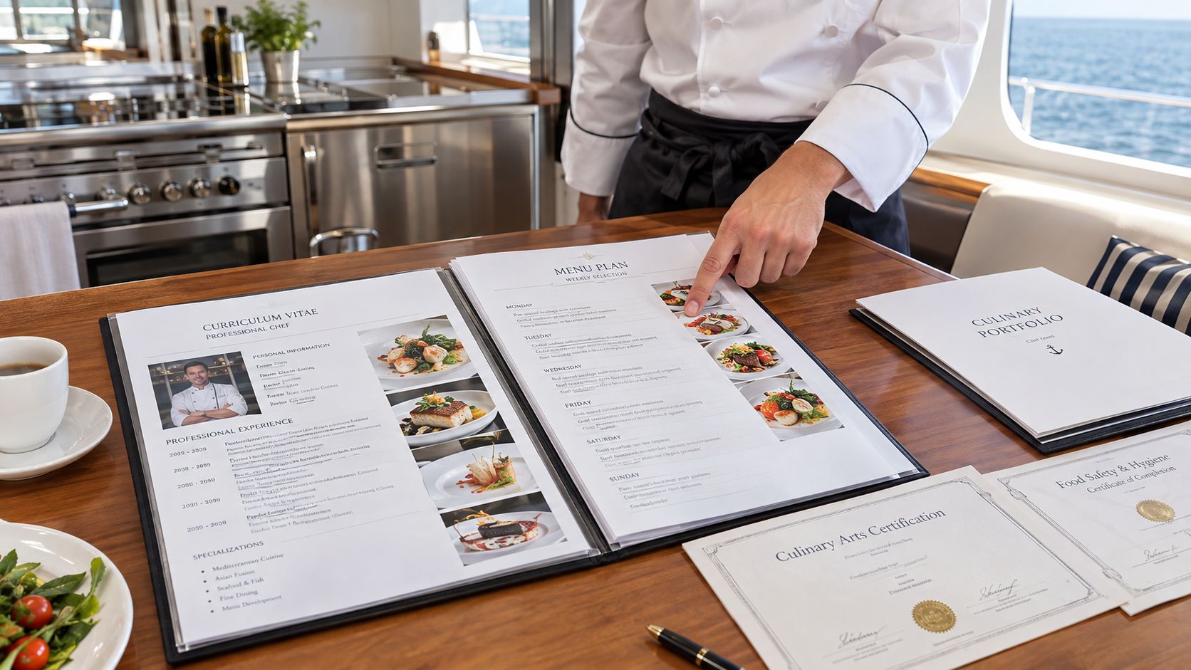 A professional chef presents a menu plan and culinary portfolio on a yacht kitchen counter.