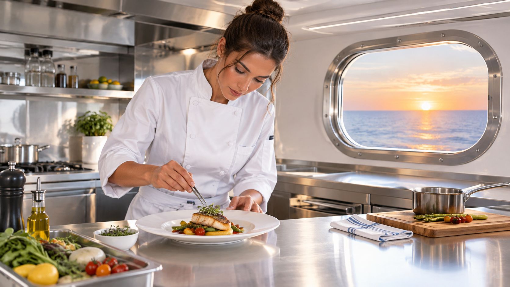 A professional chef in a white uniform plating a gourmet fish dish inside a yacht kitchen.