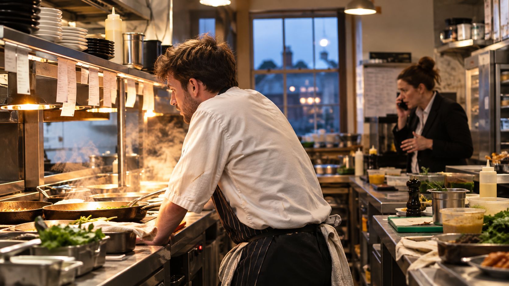 A professional chef works at a busy stove in a commercial kitchen as a colleague talks nearby.